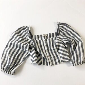 CAD Urban Outfitters Womens Striped Button Front Cropped Puffed Sleeve Top